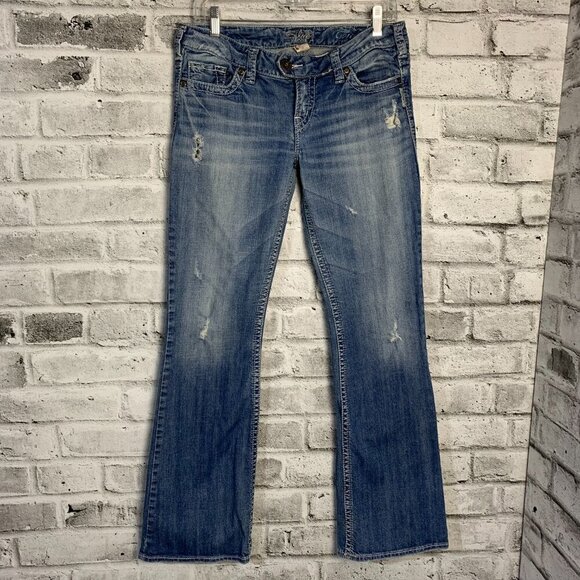 Vintage Silver Tuesday Low Rise Bootcut Distressed Light Wash Denim Flare Jeans - Picture 2 of 16
